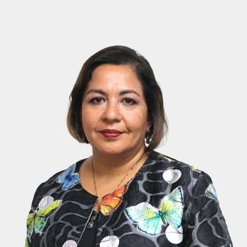 La foto fue tomada en primer plano, fondo blanco y la profesora Aura Cecilia Pedraza Avella está situado en el centro.